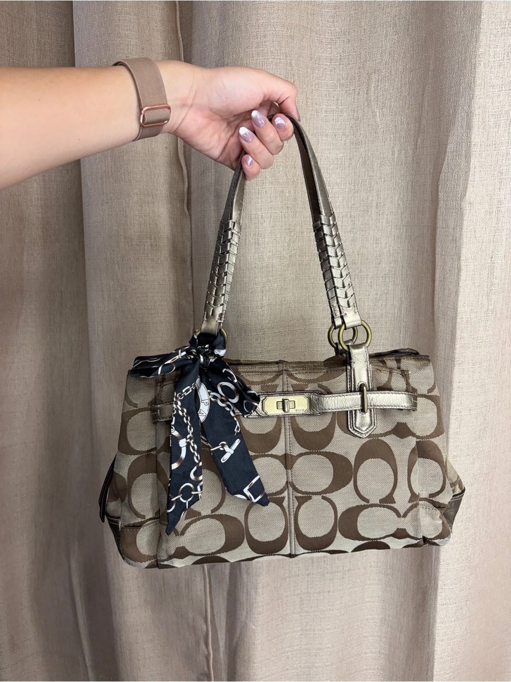 Coach Canvas Signature-Pattern Shoulder Bag Beige and Brown with Metallic Trim